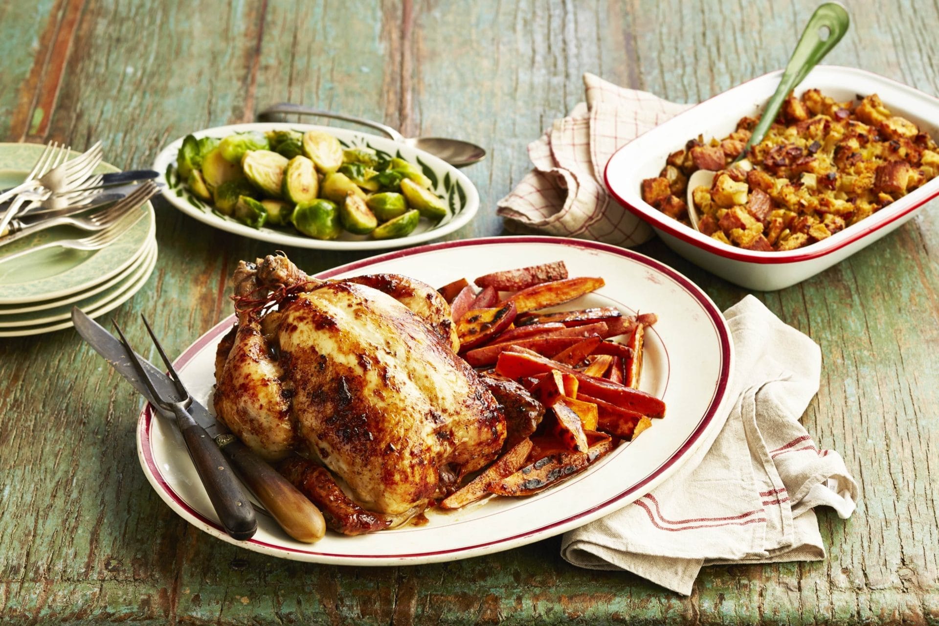 Roasted Chicken with Apple-Bacon Stuffing