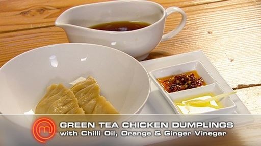 Green Tea Chicken Dumplings with Chilli Oil, Orange and Ginger Vinegar