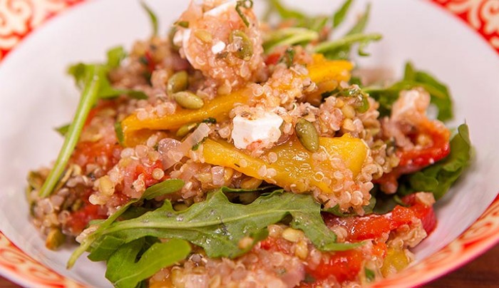Roasted Tomato,Capsicum, Quinoa, Freekeh and Rocket Salad with a Coconut and Lemon Dressing