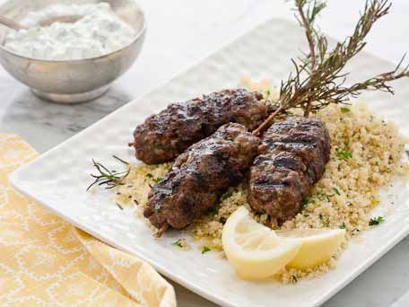 Grilled Beef Skewers with Cous Cous and Lemon Yoghurt Sauce