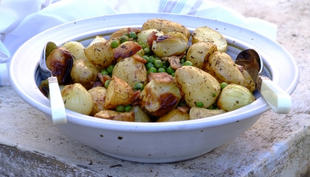 Roast Potatoes with Bacon and Peas