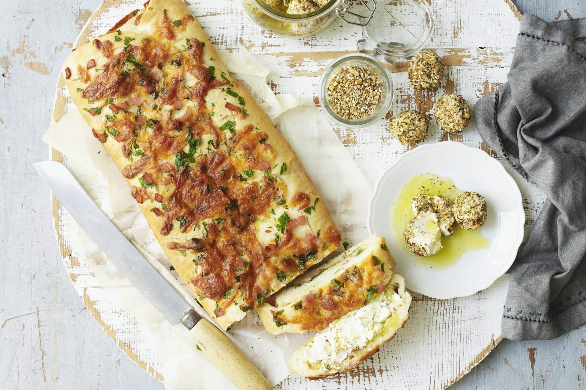 Cheese and Bacon Focaccia with Labneh
