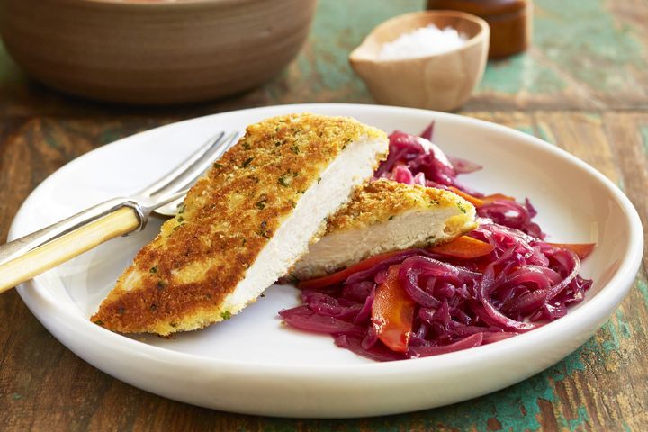 Parsley Crusted Chicken Schnitzel with Sweet and Sour Cabbage