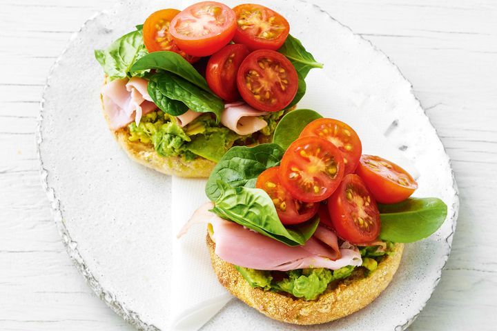 Spicy Avocado Toasted Muffin with Shaved Ham and Spinach